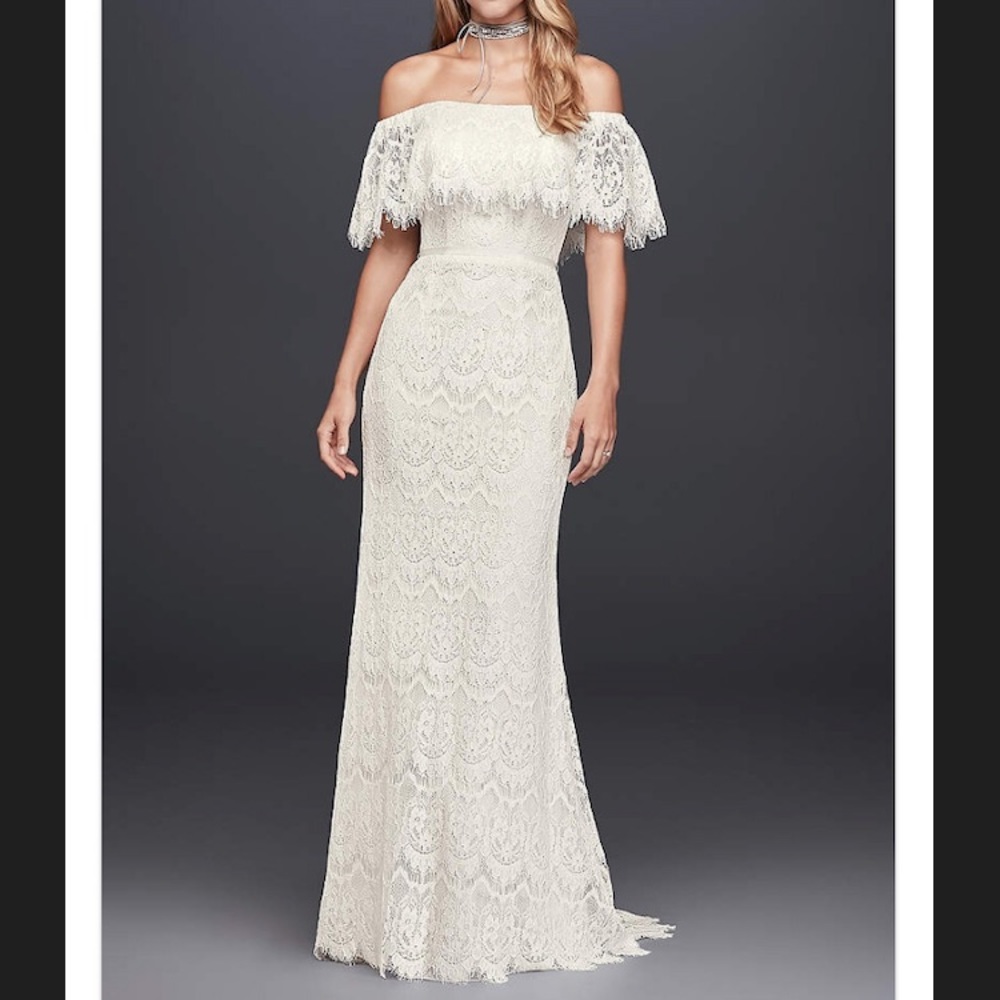 Romantic lace off the shoulder wedding dress by Galina